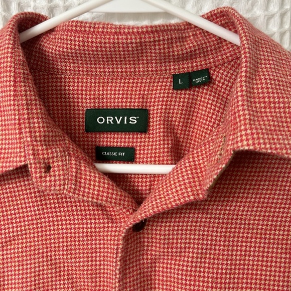 Men’s Orvis Red & Tan Houndstooth 100% Cotton Flannel Button Shirt Size L - Picture 2 of 7